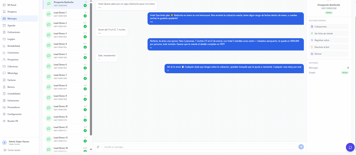 Bandeja multicanal con conversaciones reales