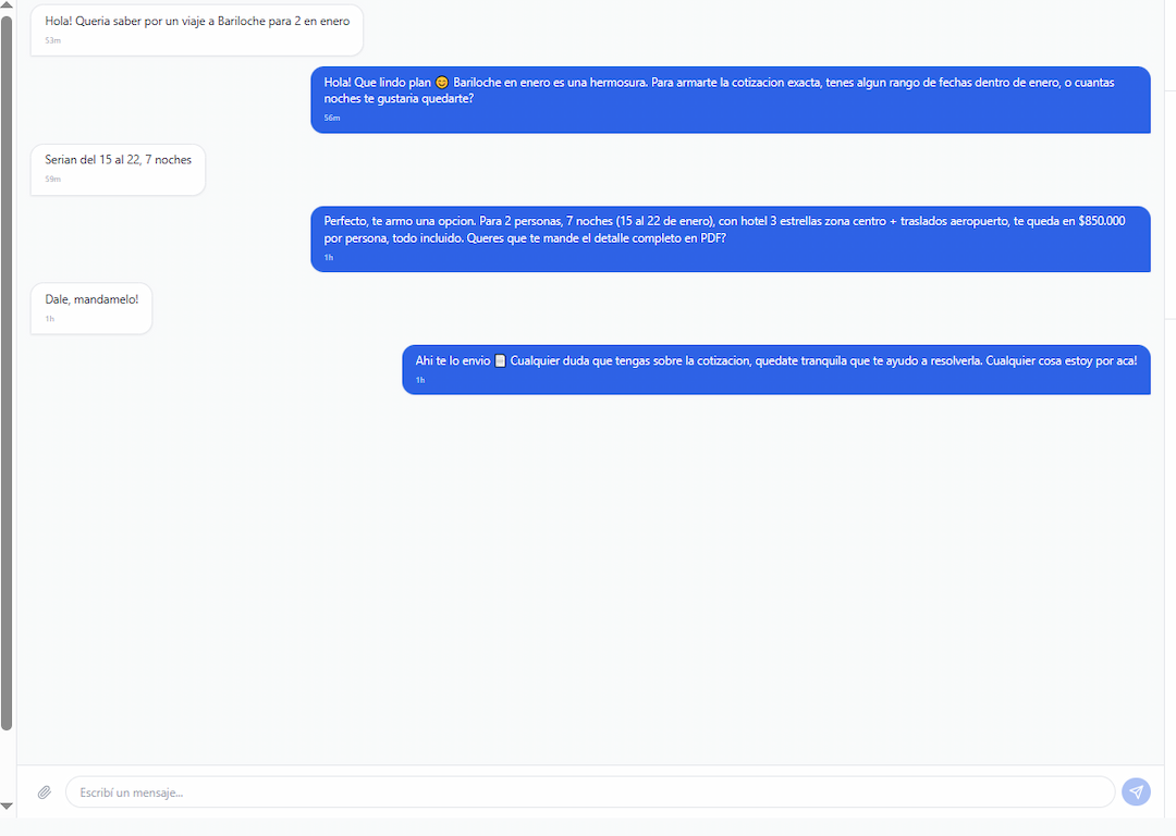 Conversacion real de WhatsApp donde el bot cotiza un viaje a Bariloche